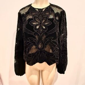 Zara Black Velvet Lace Top Sz L Long Sleeves Floral Shirt
